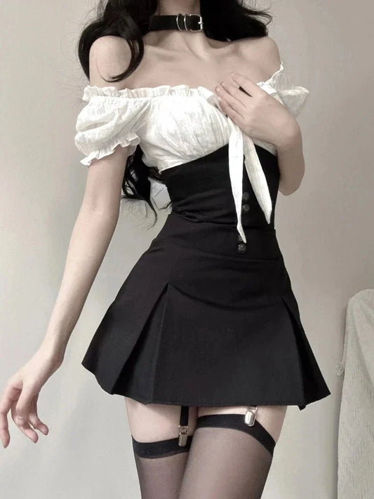 Chic Y2k Two Piece Dress Sets Female Summer Black Bodycon Dress Crop Top Women Party Korean Fashion Even Mini Dress Suits