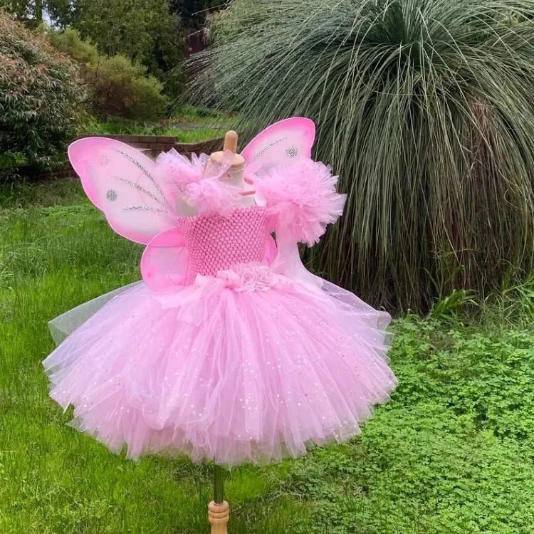 Girls Pink Fairy Dress Kids Glitter Tutu Flower Dresses with Wing and Stick Hairbow Children Birthday Halloween Party Costumes