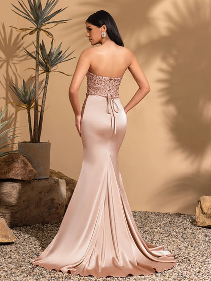 Satin pleated floor-length sequined patchwork strapless dress with back ties