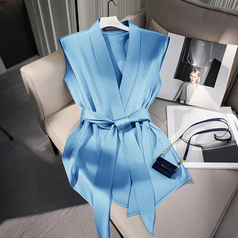 Women Shiny Satin Blouses Elegant Wrapped V-Neck Sleeveless Tops 2025 Summer Office Commuting Belted Party Blusas Mujer