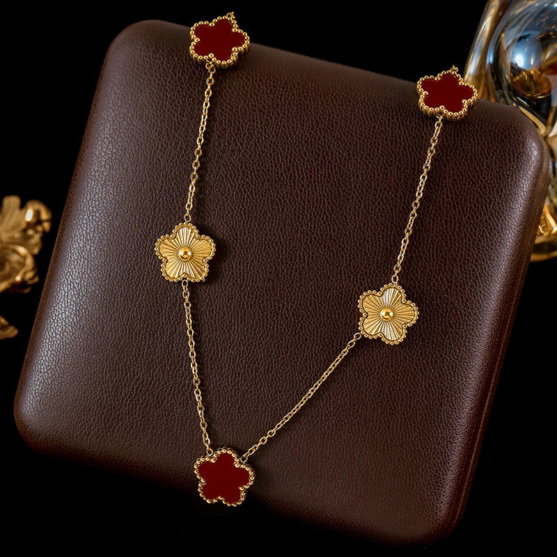 Stainless Steel White Plum Blossom Plant Leaf Flower Set Reversible Necklace Earrings Bracelet Women Clover Jewelry