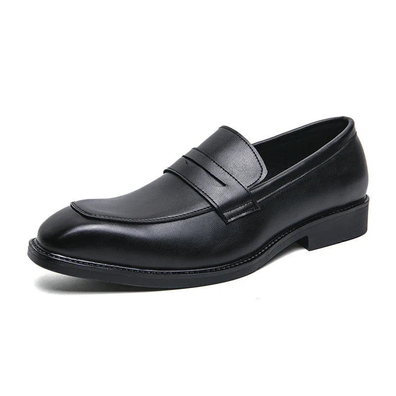 Men’s leather penny loafers pointed toe slip-on dress shoes business casual brown