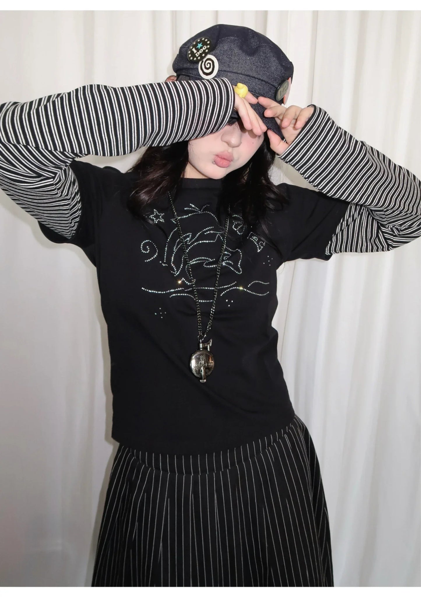 Y2k Vintage T-shirt Women Long Sleeve Patchwork Japanese 2000s Grunge Tops Streetwear American Retro Print Graphic Tops