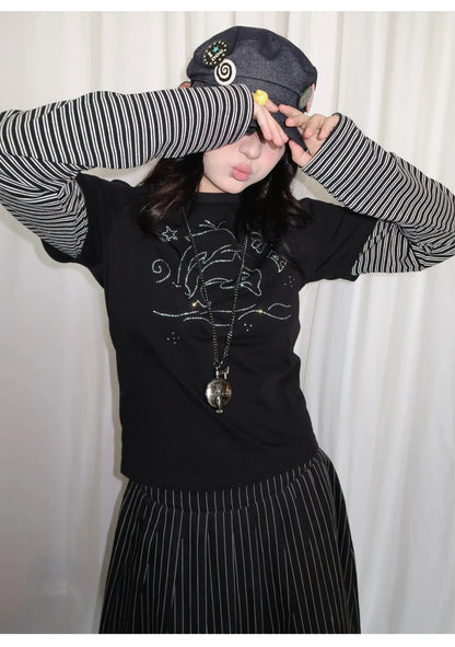 Y2k Vintage T-shirt Women Long Sleeve Patchwork Japanese 2000s Grunge Tops Streetwear American Retro Print Graphic Tops
