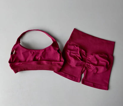 2pcs Sexy Halter Neck Beautiful Back High Waist Peach Sports Bras Set Suit Pilates Gathering Training Yoga Vest Fitness Bra