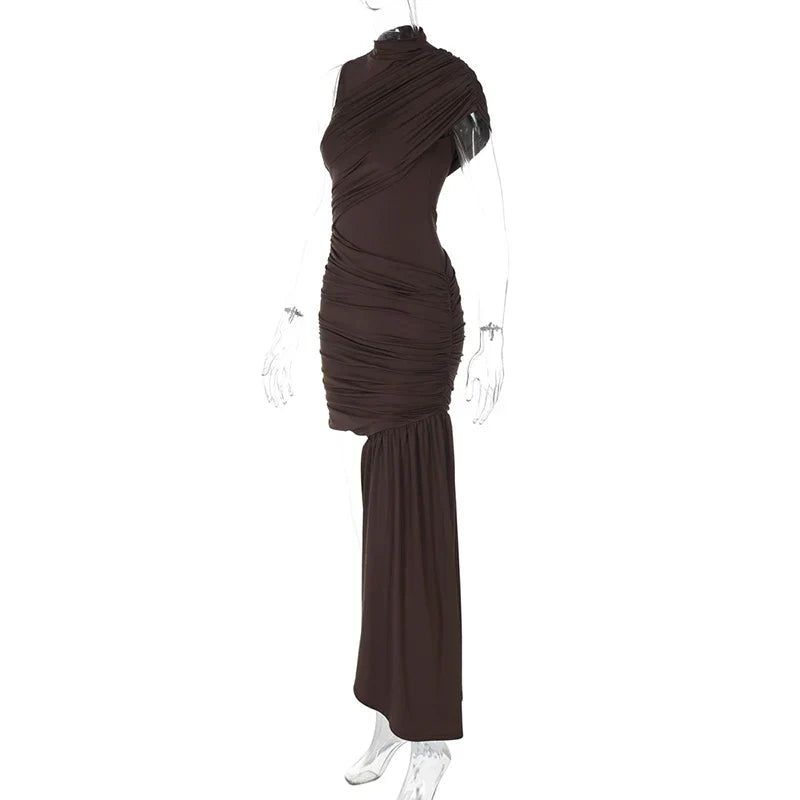 Irregular Draped Ruched Sexy Mini Dress For Women Elegant Turtleneck Sleeveless High Waist Pleated Club Party Dress