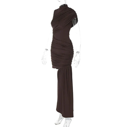 Irregular Draped Ruched Sexy Mini Dress For Women Elegant Turtleneck Sleeveless High Waist Pleated Club Party Dress
