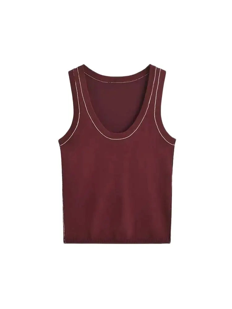 Women's Sleeveless Knit Tank Tops, V Neck ,Contrast Trims, Female Camis, Chic Vest Fashion
