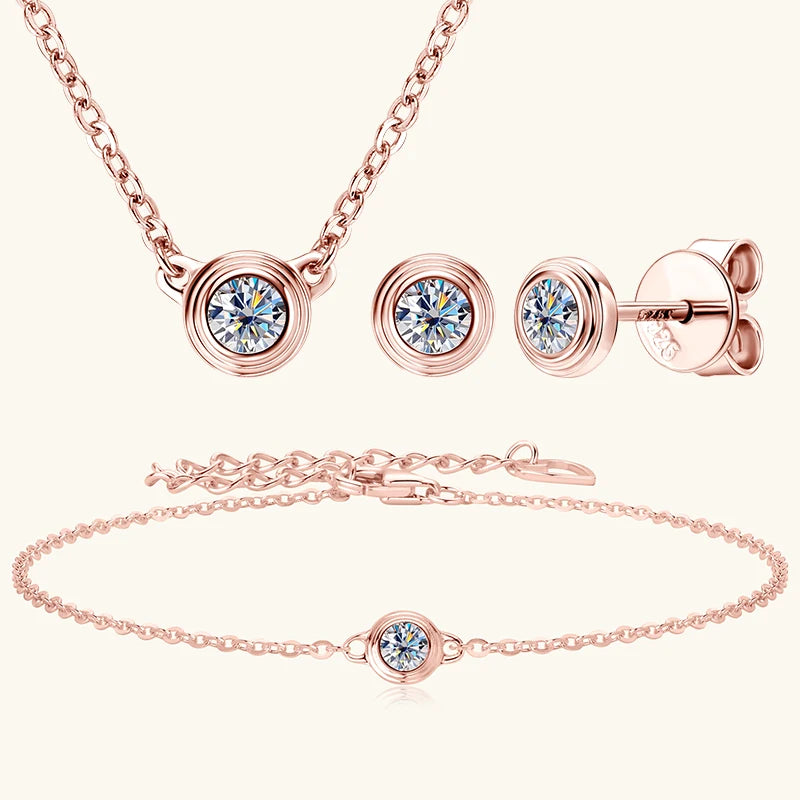 2025 Trendy 3mm Moissanite Jewelry Set 925 Silver Plated Rose Gold Necklace Bracelet Earrings Set for Women Valentine's Day Gift