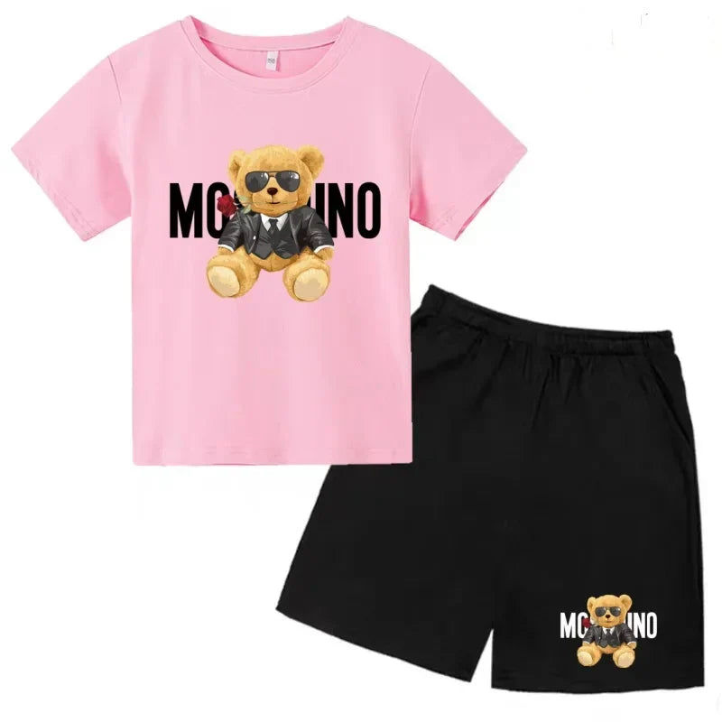 Boys Girls Summer Casual 2Pcs Set Lovely Bear Letter Print T-shirt & Shorts Comfortable Sports Running Suit