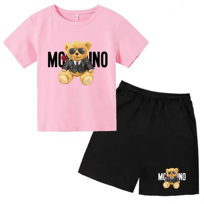 Boys Girls Summer Casual 2Pcs Set Lovely Bear Letter Print T-shirt & Shorts Comfortable Sports Running Suit