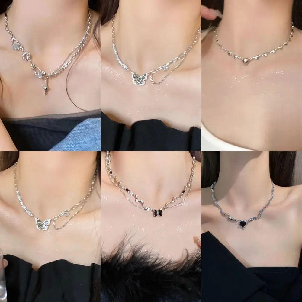 Korean Trend Love Butterfly Clavicle Chain For Women Shiny Multilayered Heart Necklace Collarbone Chain Valentine's Day Gifts