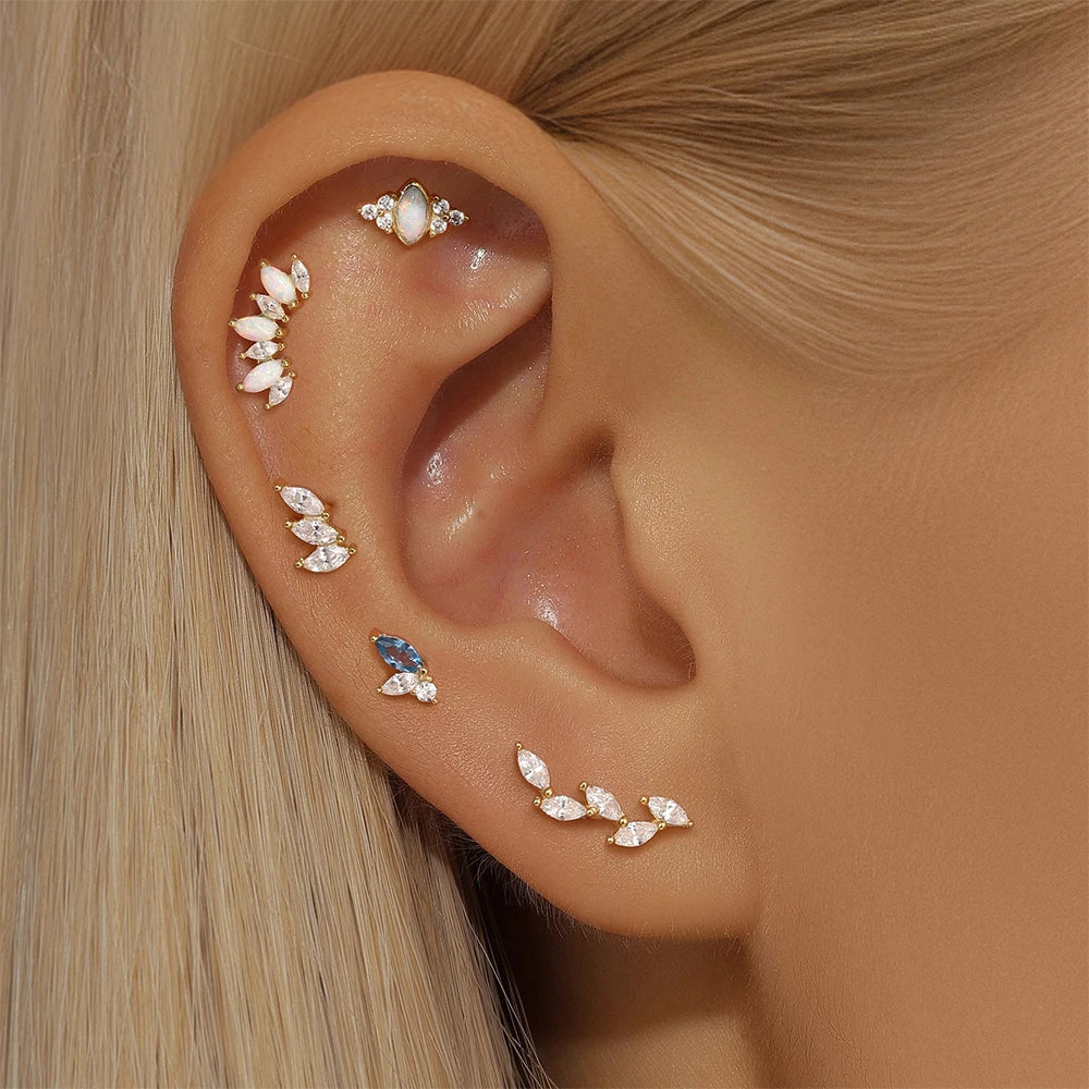 1PC 925 Sterling Silver Crown Horse Eye Zircon Heart Flat Head Cartilage Piercing Stud Earring For Women Claasic Earring