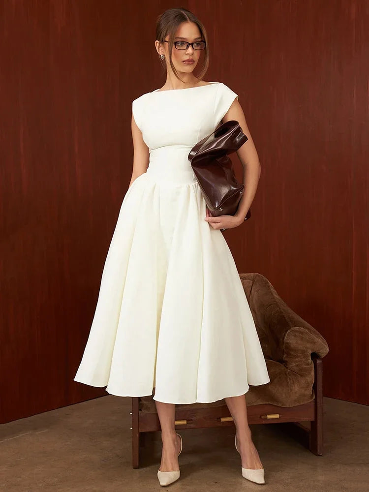 Women Circle Cut Out Back Dress Wide Shoulders and Fitted Waist Prom Dress Fluffy Hem Midi Wedding Party Dresses