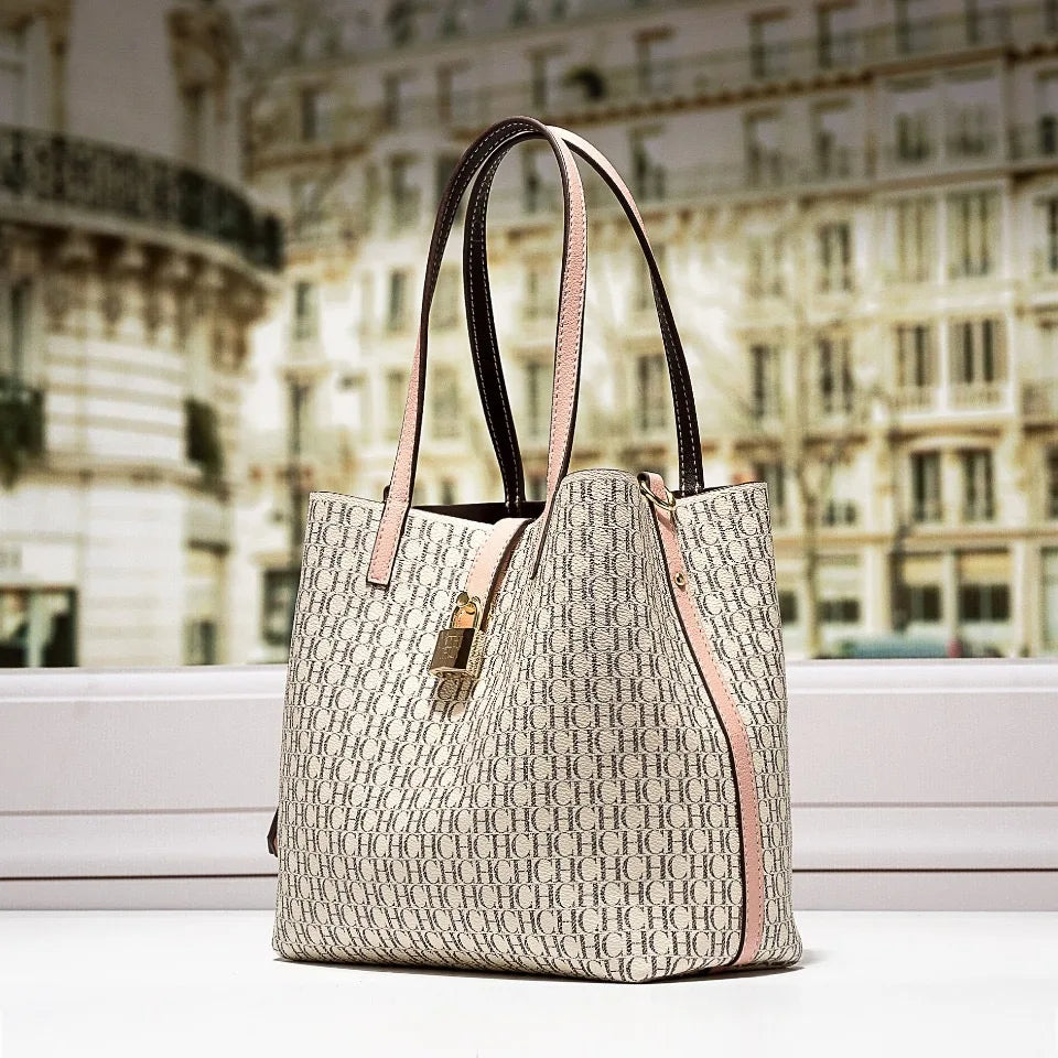 Stylish Monogram Tote Bag Lock Decorative Detail Top Handles Detachable Crossbody Strap Fashion Shoulder Bag