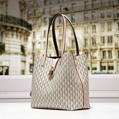 Stylish Monogram Tote Bag Lock Decorative Detail Top Handles Detachable Crossbody Strap Fashion Shoulder Bag