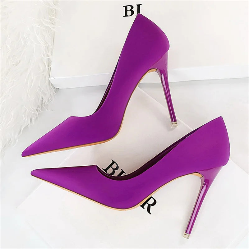 Women 7.5cm 10.5cm High Heels Scarpins Silk Satin Pumps Lady Quality Green Purple Fetish Wedding Bridal Mid Low Heels Prom Shoes