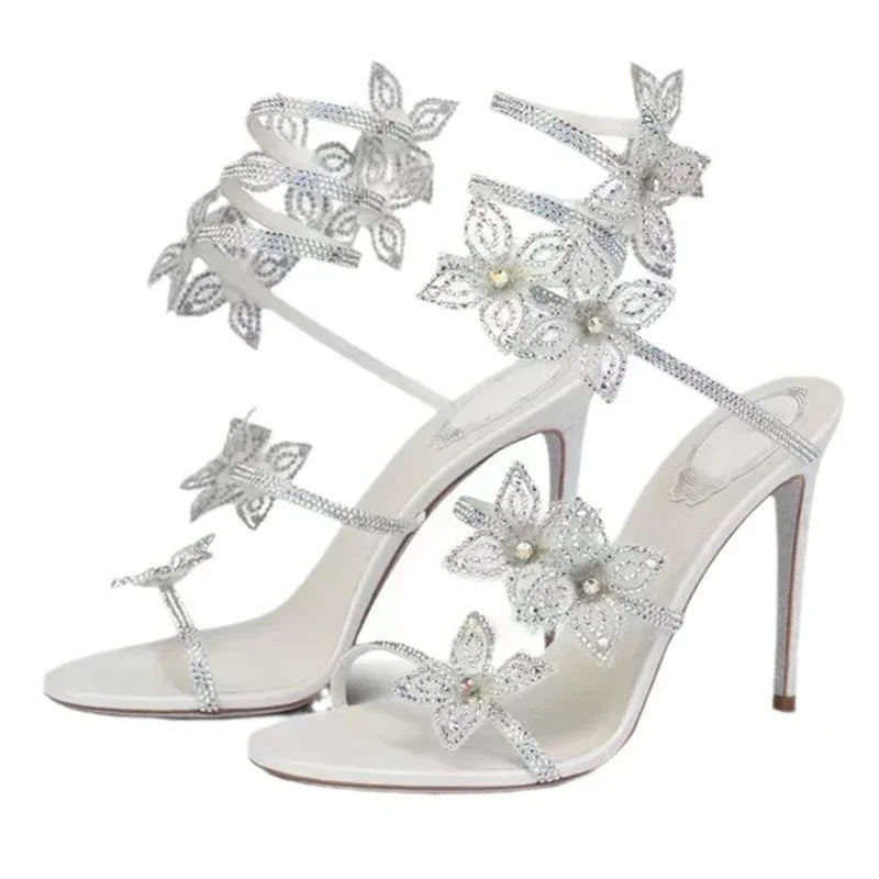 Street Style CRYSTAL Flower Thin Heels Banquet Prom Women Sandals Sexy Open Toe Narrow Band Ankle Strap Gladiator Shoes