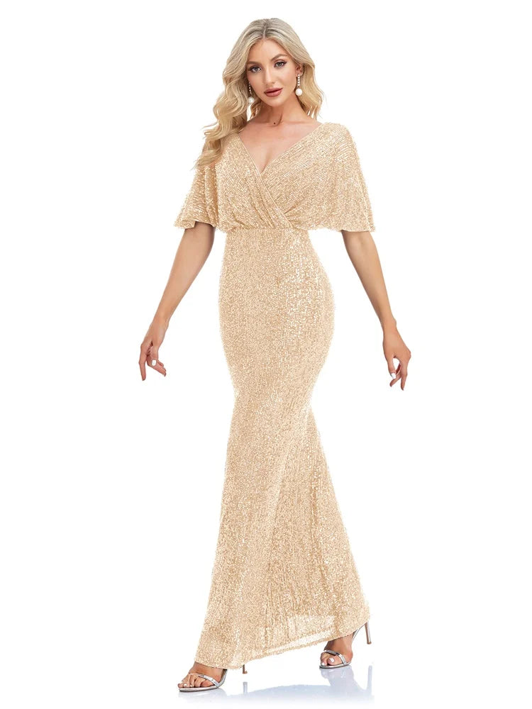 Women Elegant V-neck Luxury Evening Dress Sexy Sequin Mermaid Dress Floor Lenght Prom Blue Party Dress vestido