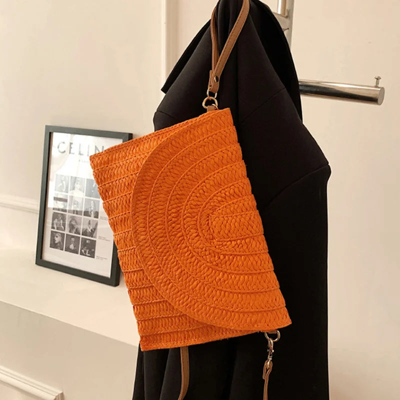 Straw Woven Shoulder Crossbody Bag Beach Clutch Handbag Casual Summer Handmade Envelope Bags for Women Totes Purse