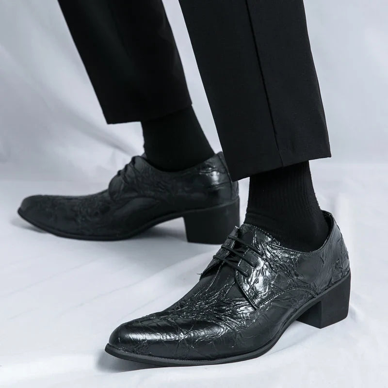 Men High Heeled Lace Up Derby Shoes PU Embossed Fashionable  Comfortable Business Formal Banquet Men Shoes
