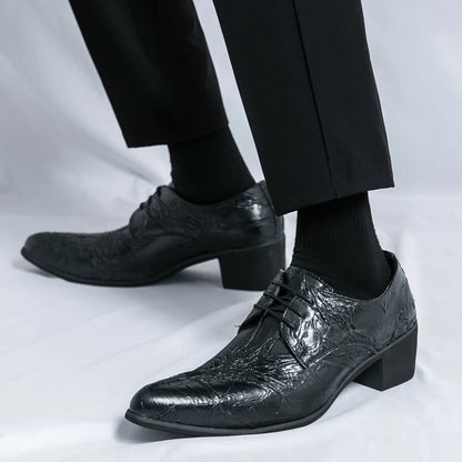 Men High Heeled Lace Up Derby Shoes PU Embossed Fashionable  Comfortable Business Formal Banquet Men Shoes