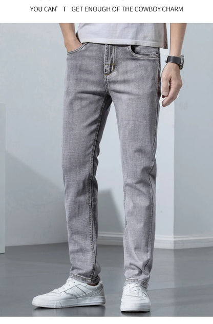 2022 Autumn Spring Fitted Straight Stretch Denim  Classic Style Badge Youth Men's Business Casual Jeans Trousers