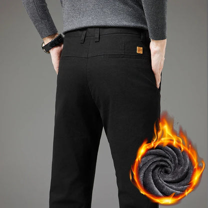 Winter Thickened Men's Velvet Casual Pants Fleece Warm Fashion Solid Color Straight Elastic Male Business Plush Pants