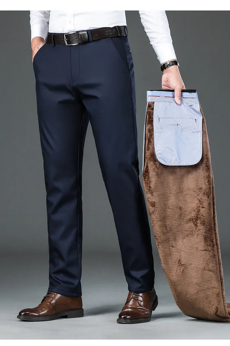 Winter New Flannel Thick Men's Casual Pants Fleece Navy Black Business Straight Slim Stretch Warm Plush Trousers Male