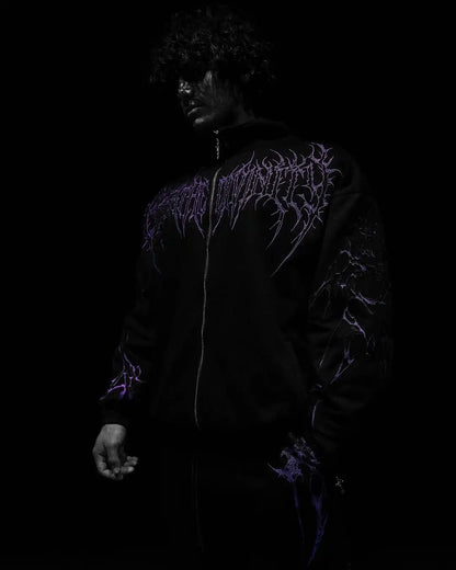 Men's Gothic Streetwear Zip-Up Hoodie Black Edgy Urban Athletic Dark Style Casual Oversized Pullover Sweatshirt with Zipper
