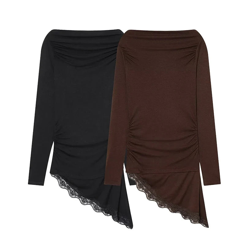 Women's T-Shirts Spring Autumn Fashion Lace Hem T Shirts for Women Asymmetry Streetwear Long Sleeve Slim Casual Tops