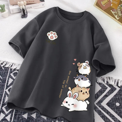 Camiseta Feminina Estilo Hamster Japonês Fofo Estampa Doce Uso Diário Manga Curta Solta Casual Adolescente Estudante Meia Manga Top