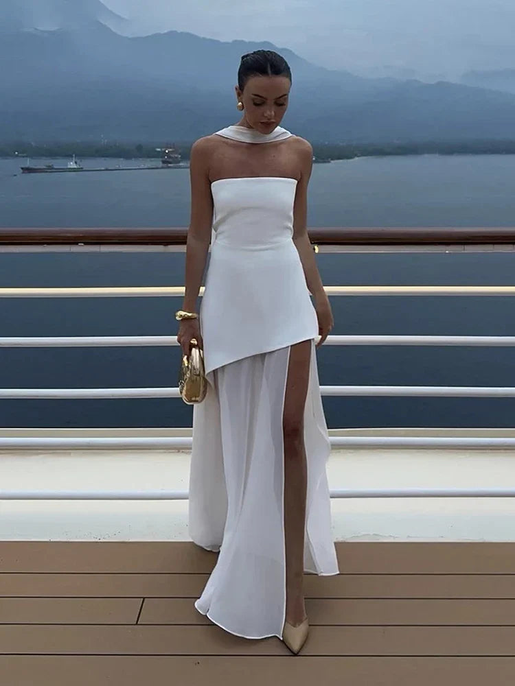 Fashion Strapless Dress With Ribbon Female Elegant Sleeveless Mesh Beach Vacation Long Dress 2025 Spring New Women Dress