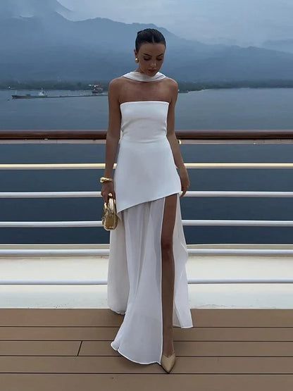 Fashion Strapless Dress With Ribbon Female Elegant Sleeveless Mesh Beach Vacation Long Dress 2025 Spring New Women Dress