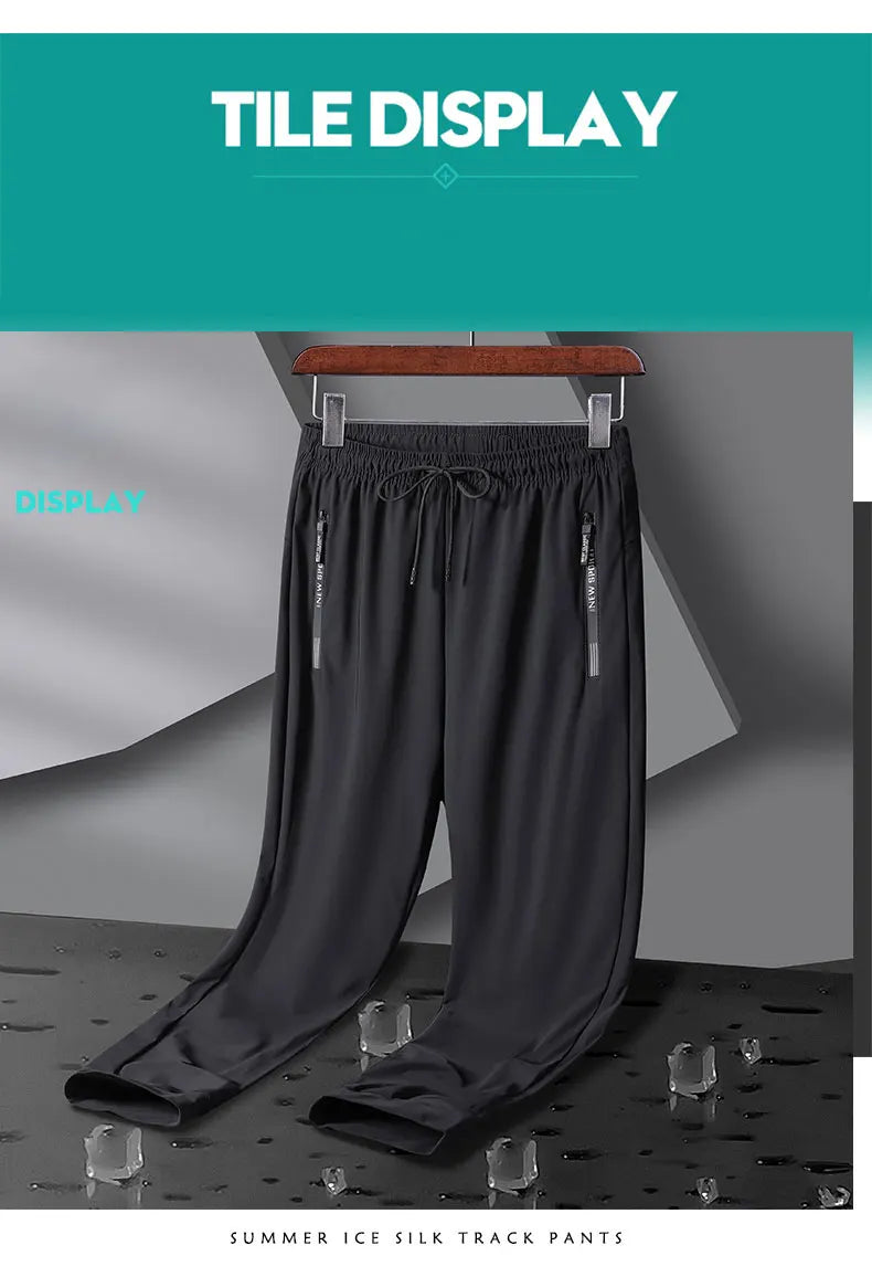 Breathable Elastic Men Running Sport Pants Ice Silk Jogging Thin Sweatpants Casual Outdoor Training Gym Fitness Trousers 8XL