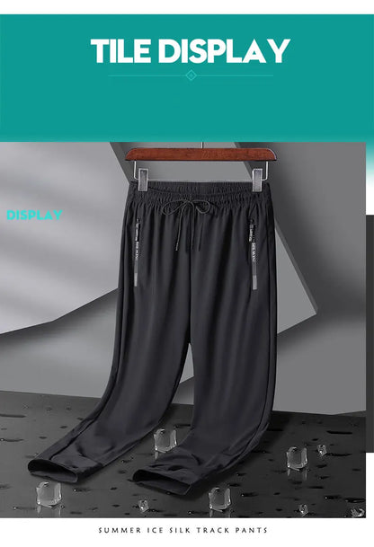 Breathable Elastic Men Running Sport Pants Ice Silk Jogging Thin Sweatpants Casual Outdoor Training Gym Fitness Trousers 8XL