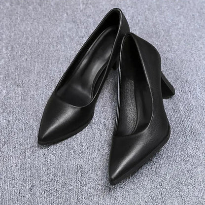 Soft PU Non-slip Single Shoe Work Shoes Women's Pumps Black Professional Interview High Heels Mid Heeled Work Leather Shoes