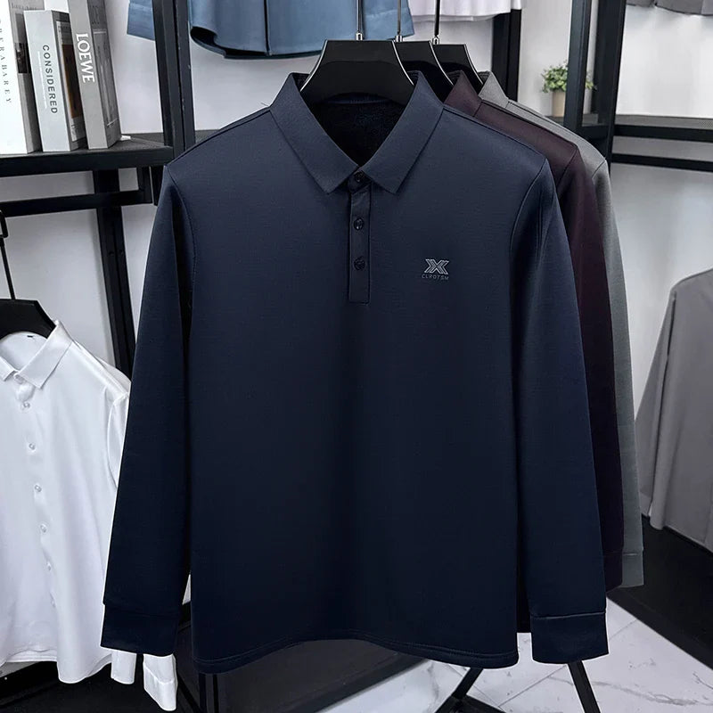 2025 Winter Men's Fashion New Collection with Velvet Long Sleeve T-shirt, Collar with Mulberry Silk and Wool Warmth POLO Sweater