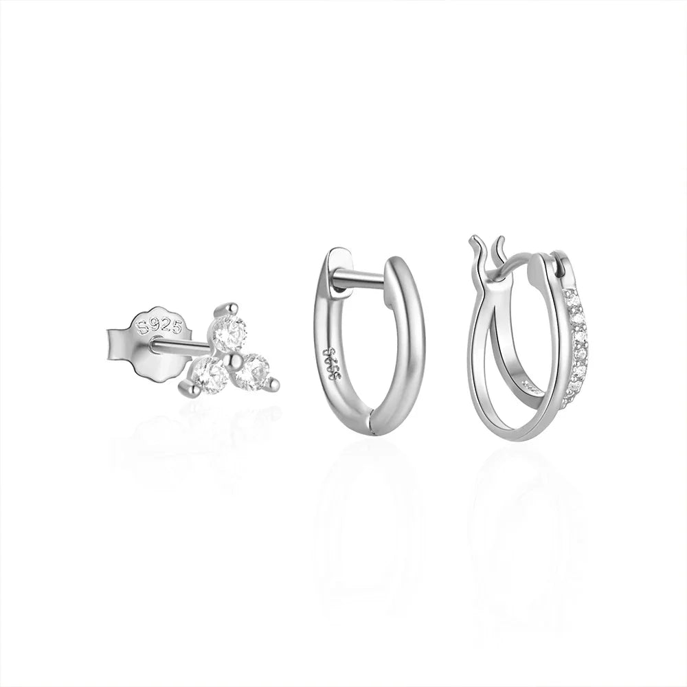 CANNER Set Double Layer Smooth Classic Hoop Earrings For Women 925 Sterling Silver Ins Flower Color Zircon Earrings Fine Jewelry
