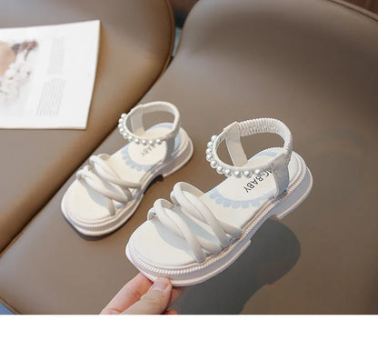 Girl Sandals Summer Children Princess Causal Pearl Beach Shoes Fashion Open-toe Kids Flat Sandals Solid Color Versatile Slip-on
