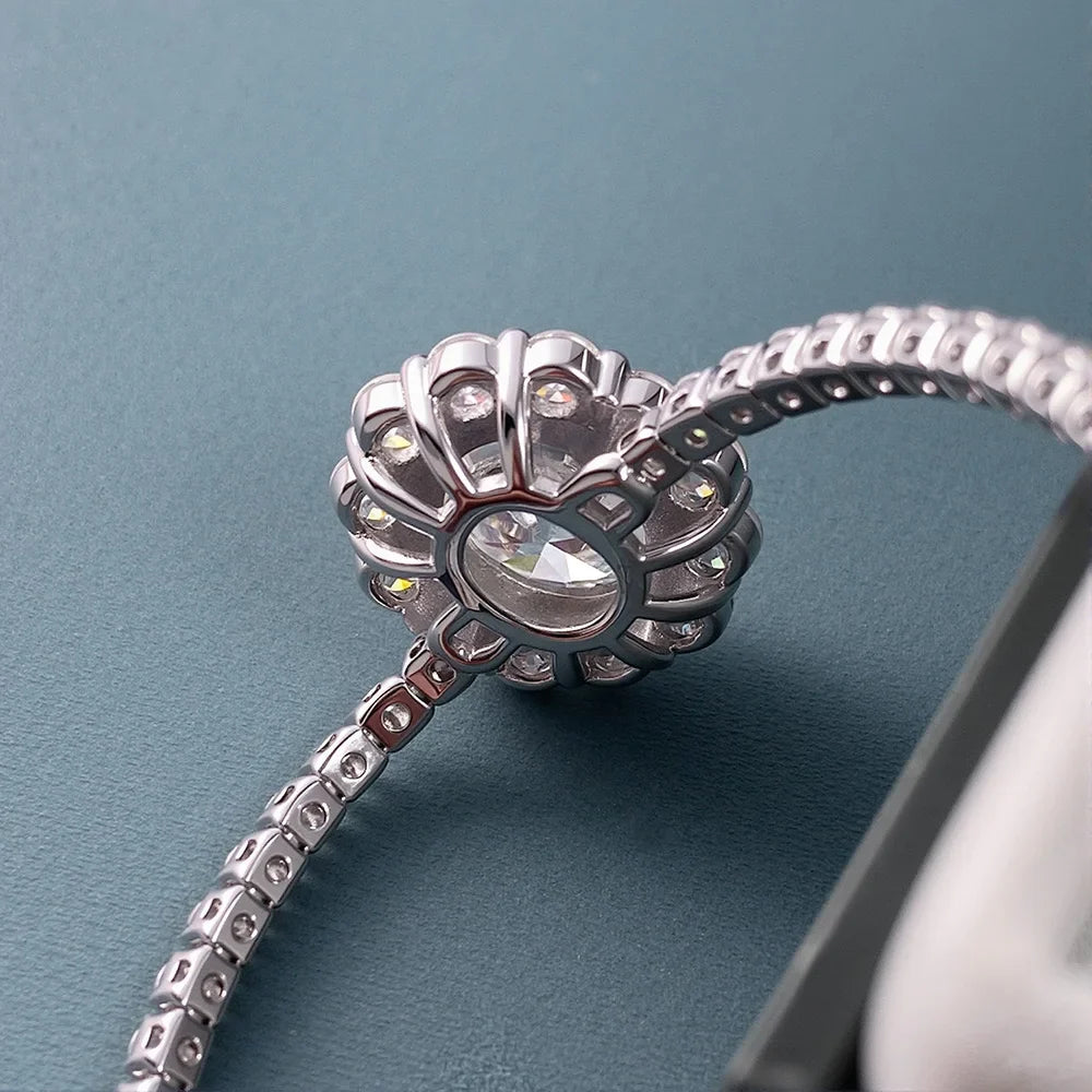 2mm Full Moissanite Tennis Bracelet With 2carat Halo Oval Cut Diamond Pendant Wrist Chain S925 Silver Fine Jewelry For Women