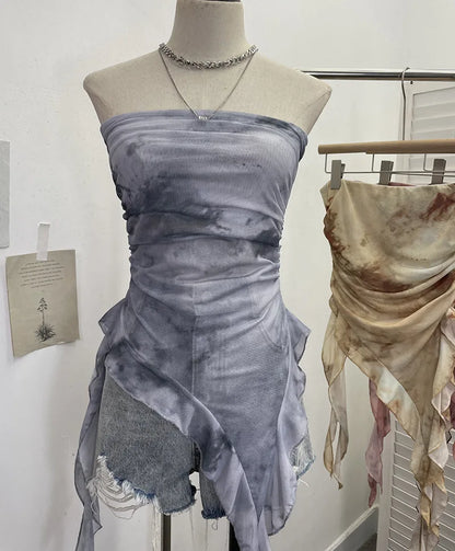Tie Dye Summer Tops for Women Y2K Strapless Sleeveless Asymmetrical Ruffle Fishtail Ruched Stretch Mesh Vintage Clothes