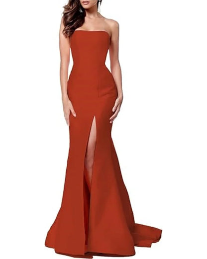 Women's Sleeveless Mermaid High Slit Backless Long Prom Gowns Strapless Floor Length Satin Evening Maxi Dresses