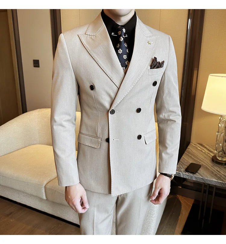 (Jackets+Pants) Luxury Double Breasted Design Slim Fit Suit High Quality Fashion Men's Wedding Social Suit Tuxedo 2 Piece Set
