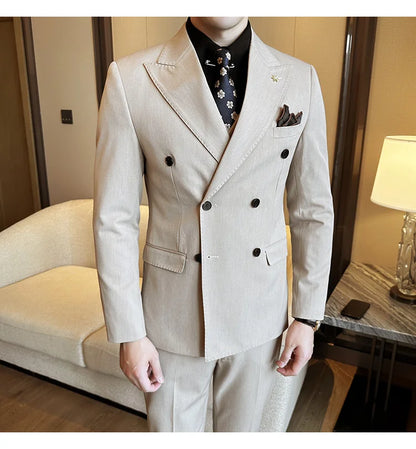 (Jackets+Pants) Luxury Double Breasted Design Slim Fit Suit High Quality Fashion Men's Wedding Social Suit Tuxedo 2 Piece Set