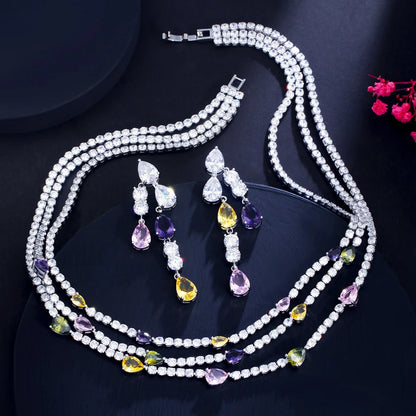 Shiny Colorful Cubic Zirconia 3 Rows Multi Layer Bridal Wedding Choker Necklace Earrings Jewelry Set for Women TZ784