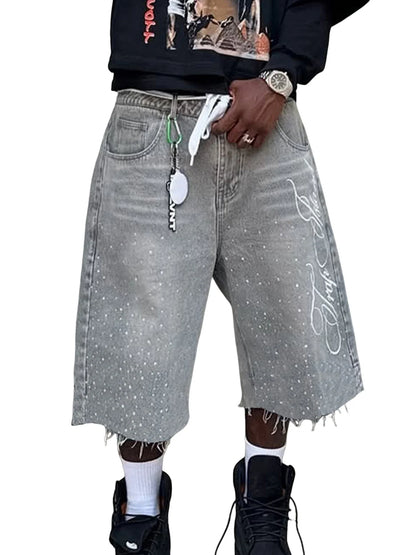 Men s Stylish Knee-Length Denim Shorts with Embroidered Logo and Rhinestone Detailing for Summer Casual Wear