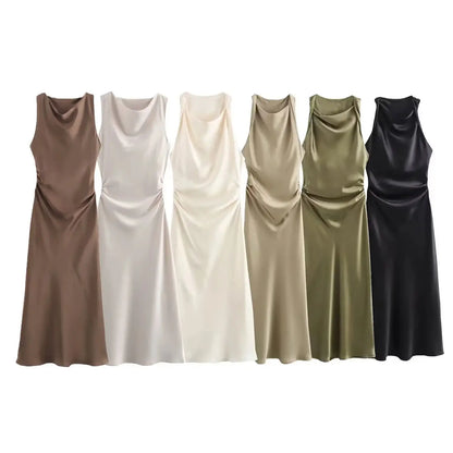 Satin Long Dresses for Women 2026 Summer Slip Midi Dress Woman Sexy Evening Party Dress Sleeveless Female Elegant Dresses