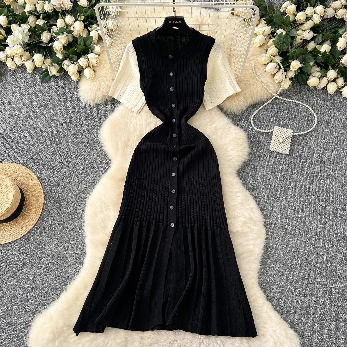 Fashion Vintage Turn-down Collar Knit Maxi Dress Elegant Single-breasted A-line Long Shirt Dress Lady Vestidos