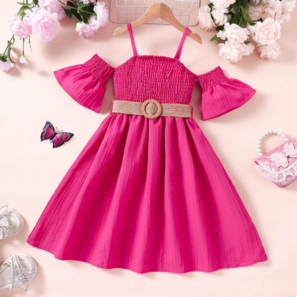 Vestido Feminino de Verão Ombro a Ombro Cinto Cor Sólida